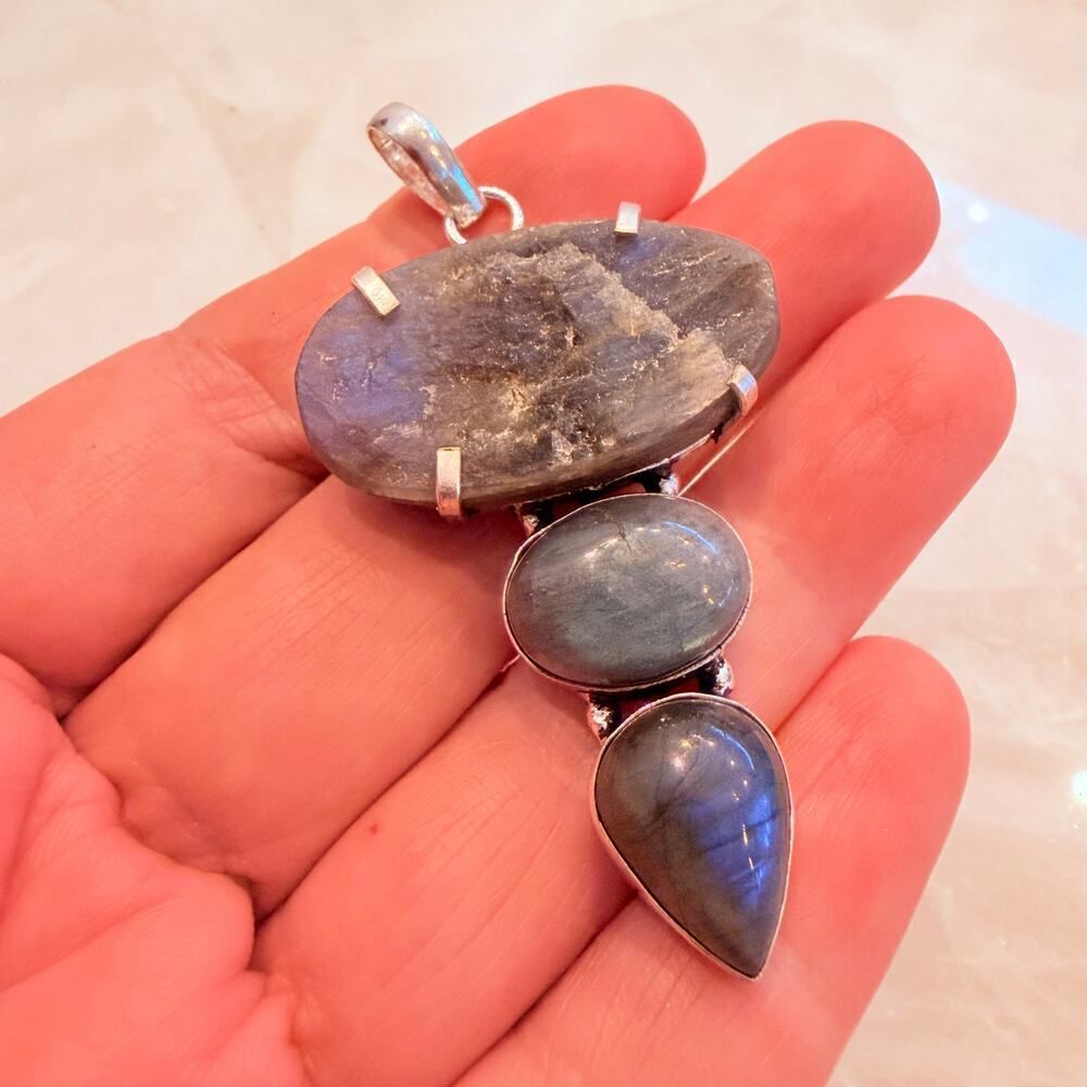 Raw Labradorite Three Stone Sterling Silver Plated Pendant